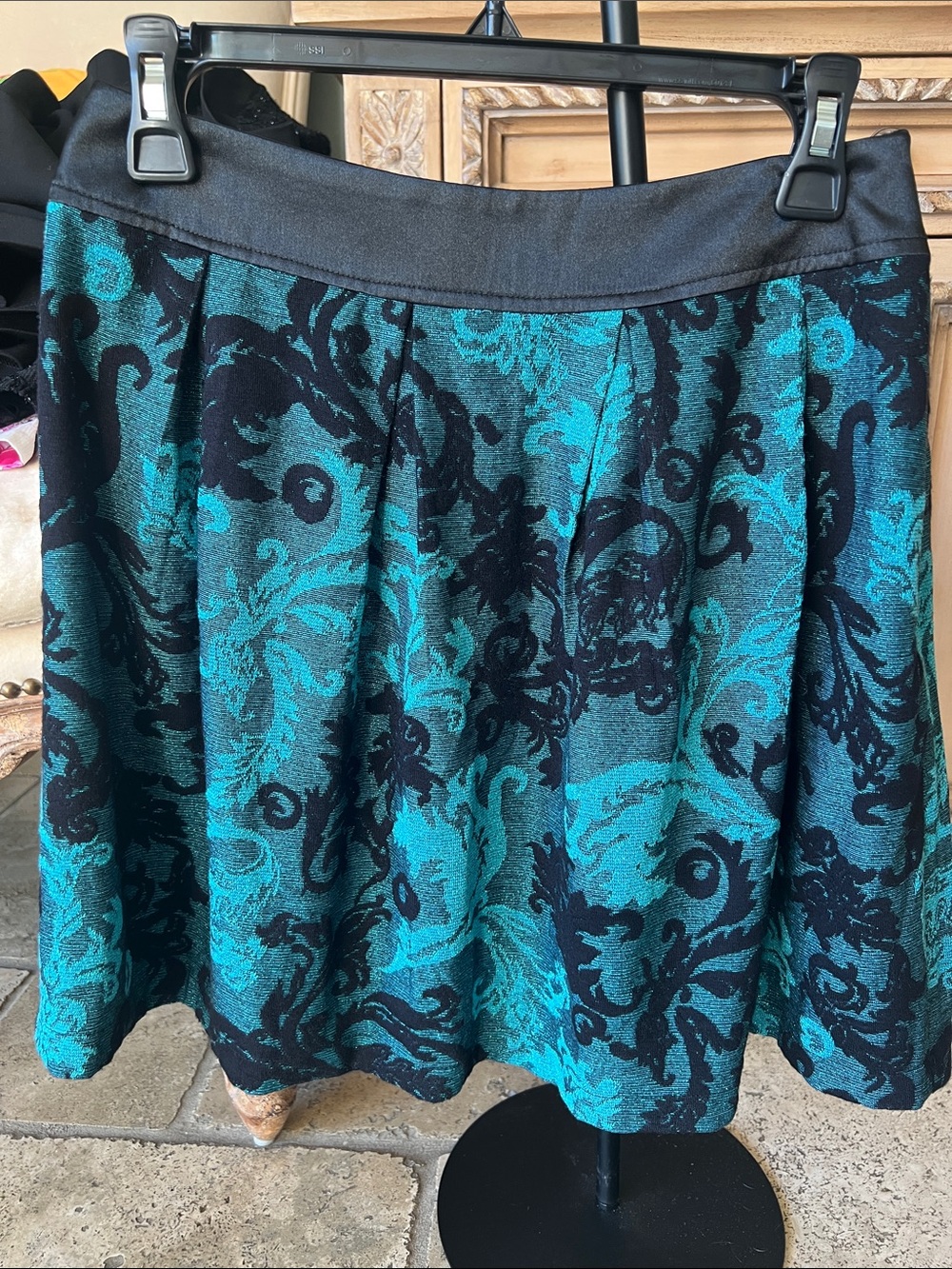 Teal and Black Brocade A-Line Skirt